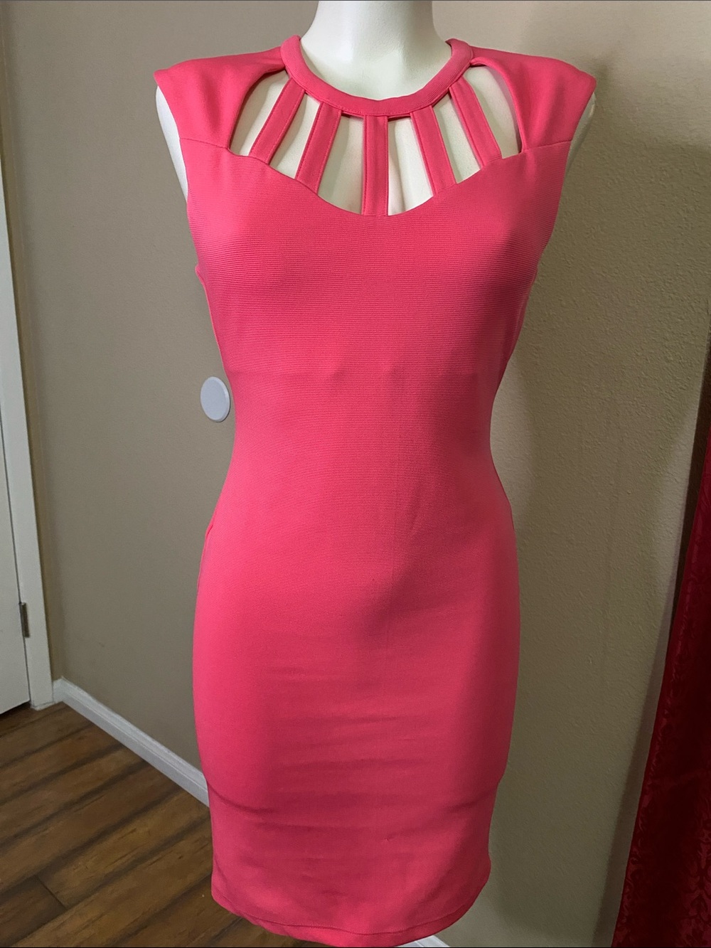 Kardashian Kollection Coral Pink stretch knit sage neck bodycon dress S